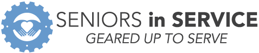 Seniors In Service logo - Hands forming a heart within a sprocket - tagline Geared Up To Serve