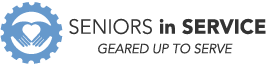 Seniors In Service logo - Hands forming a heart within a sprocket - tagline Geared Up To Serve