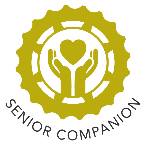 Senior companion icon - hands holding up heart within a gear